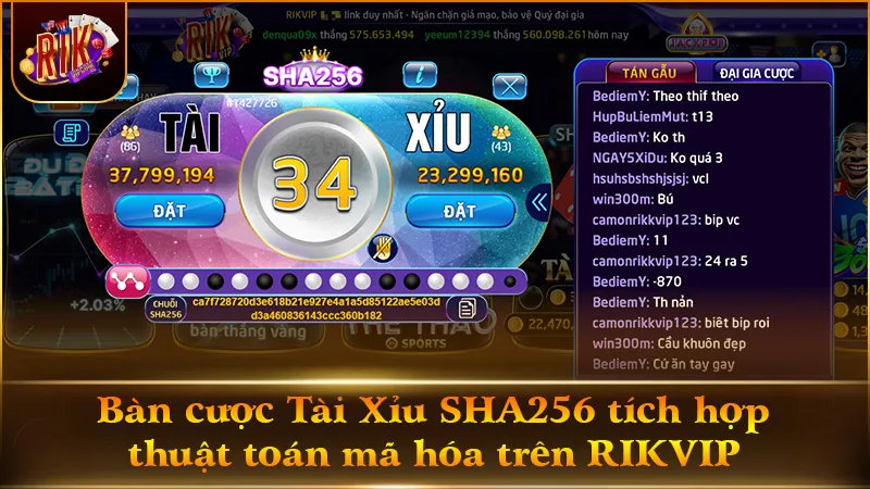 Giao diện Tài Xỉu SHA256 với mã Hash công khai trước phiên cược