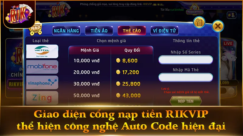 Nền tảng nạp tiền RIKVIP xử lý giao dịch tự động 24/7 với tỷ lệ 1:1