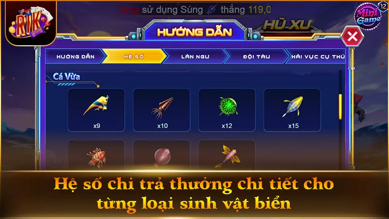 Tỷ lệ thưởng từng dòng sinh vật trong sảnh bắn cá RIKVIP