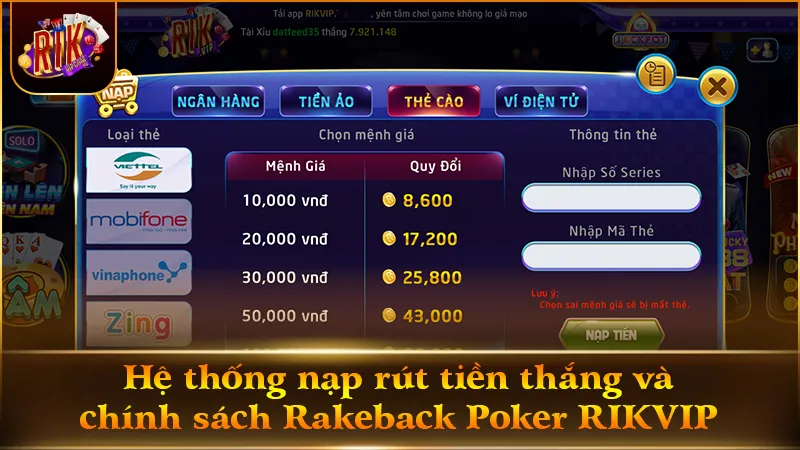 Tốc độ nạp rút 1-3 phút cùng chính sách Rakeback tối ưu Bankroll