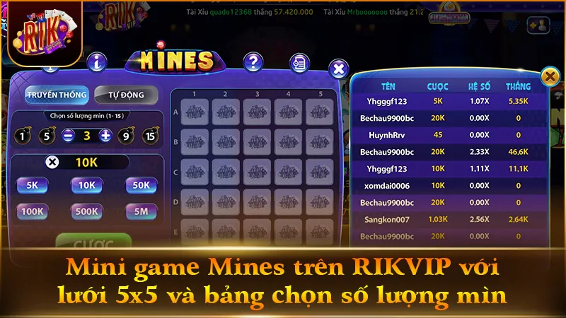 Bàn chơi Mines RIKVIP cho phép tùy chỉnh mìn và chốt lời linh hoạt