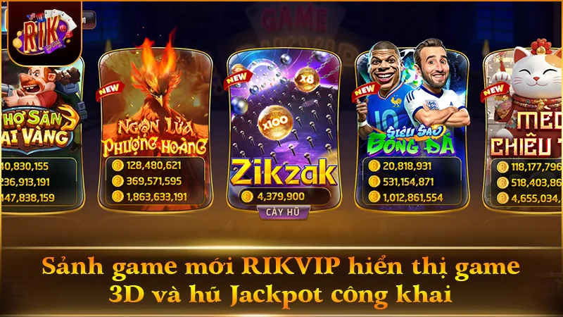 Giao diện sảnh game mới RIKVIP mượt mà, hiển thị hũ Jackpot realtime